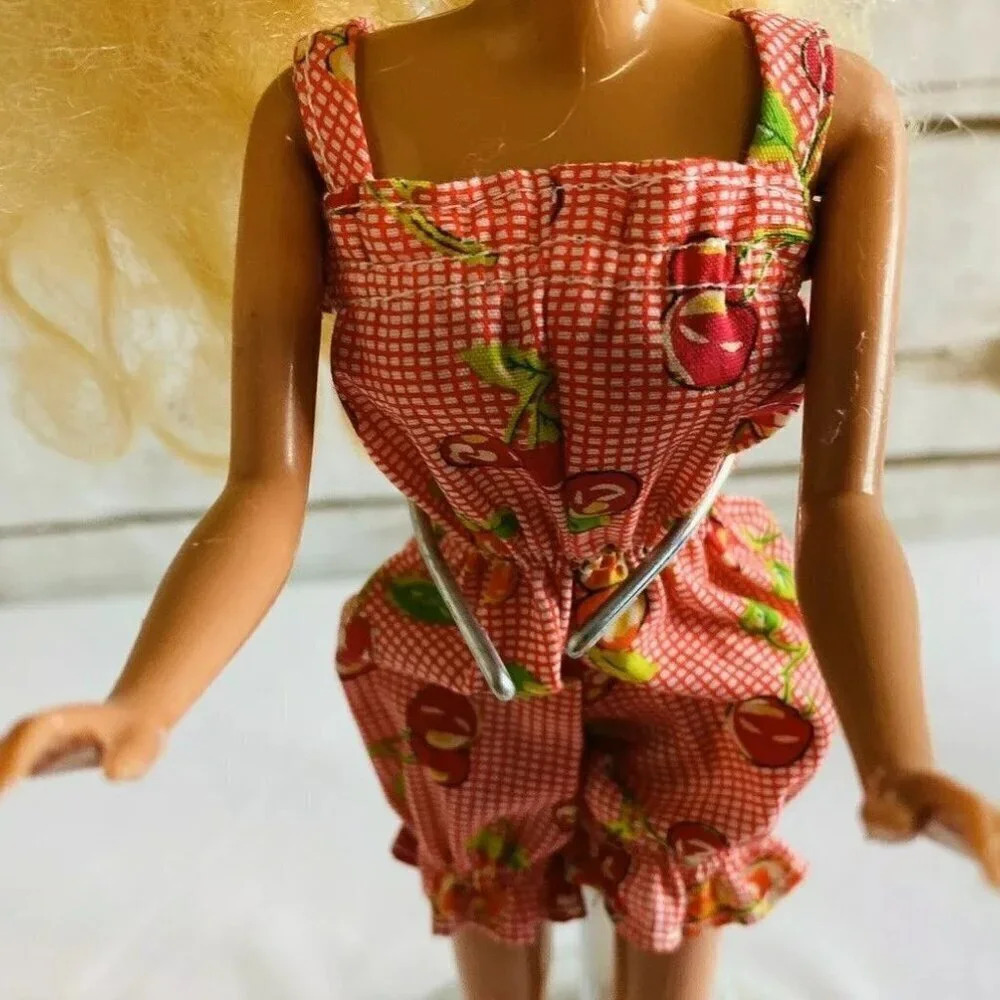 T.B.K. Blonde Hair Blue Eyes Cherry Romper Outfit 12" Tall Used - Picture 7 of 11